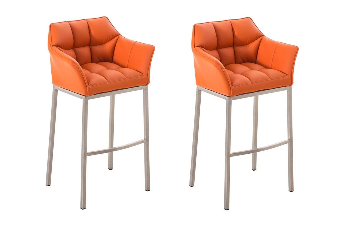 Juego de 2 taburetes de bar damaso con tapizado de cuero sintético y base de cuatro patas simil cuero naranja 48x64x110 cm