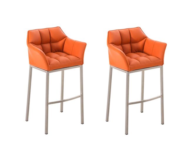 Juego de 2 taburetes de bar damaso con tapizado de cuero sintético y base de cuatro patas simil cuero naranja 48x64x110 cm