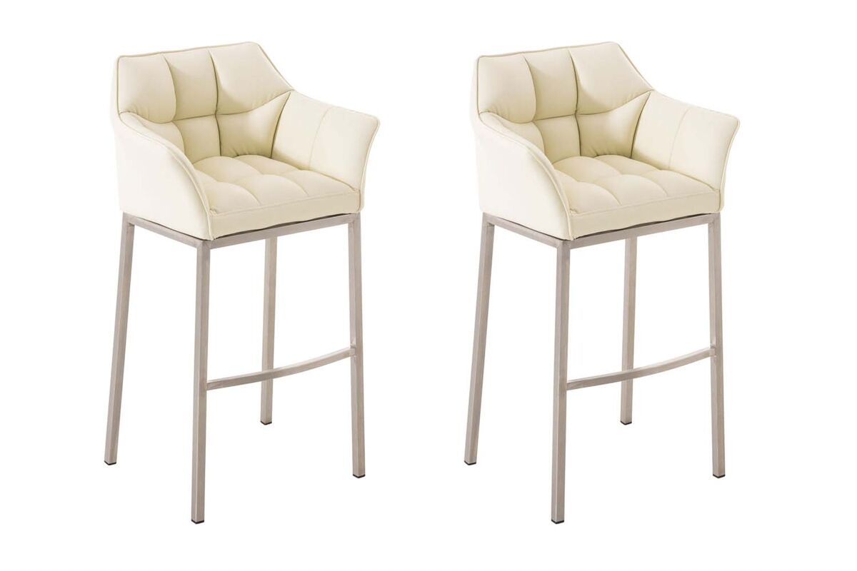 Juego de 2 taburetes de bar damaso con tapizado de cuero sintético y base de cuatro patas simil cuero crema 48x64x110 cm