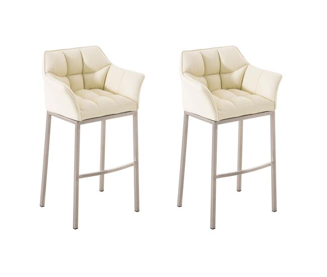 Juego de 2 taburetes de bar damaso con tapizado de cuero sintético y base de cuatro patas simil cuero crema 48x64x110 cm