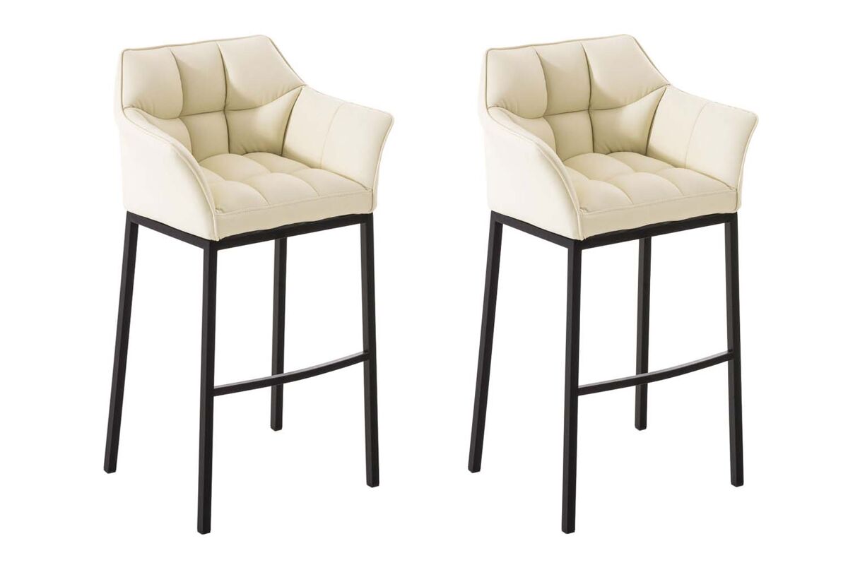 Juego de 2 taburetes de bar damaso con tapizado de cuero sintético y base de cuatro patas simil cuero crema 48x64x110 cm