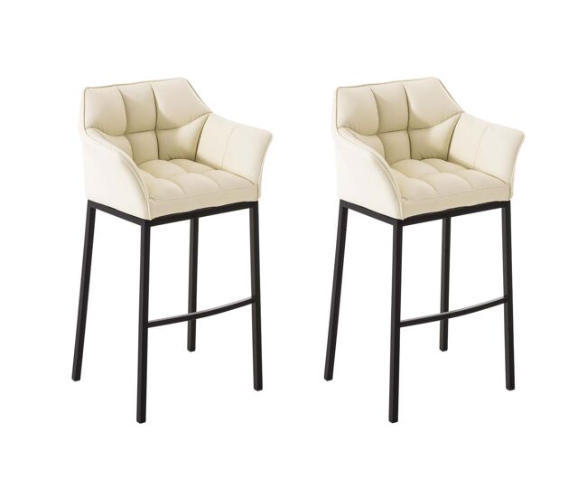 Juego de 2 taburetes de bar damaso con tapizado de cuero sintético y base de cuatro patas simil cuero crema 48x64x110 cm