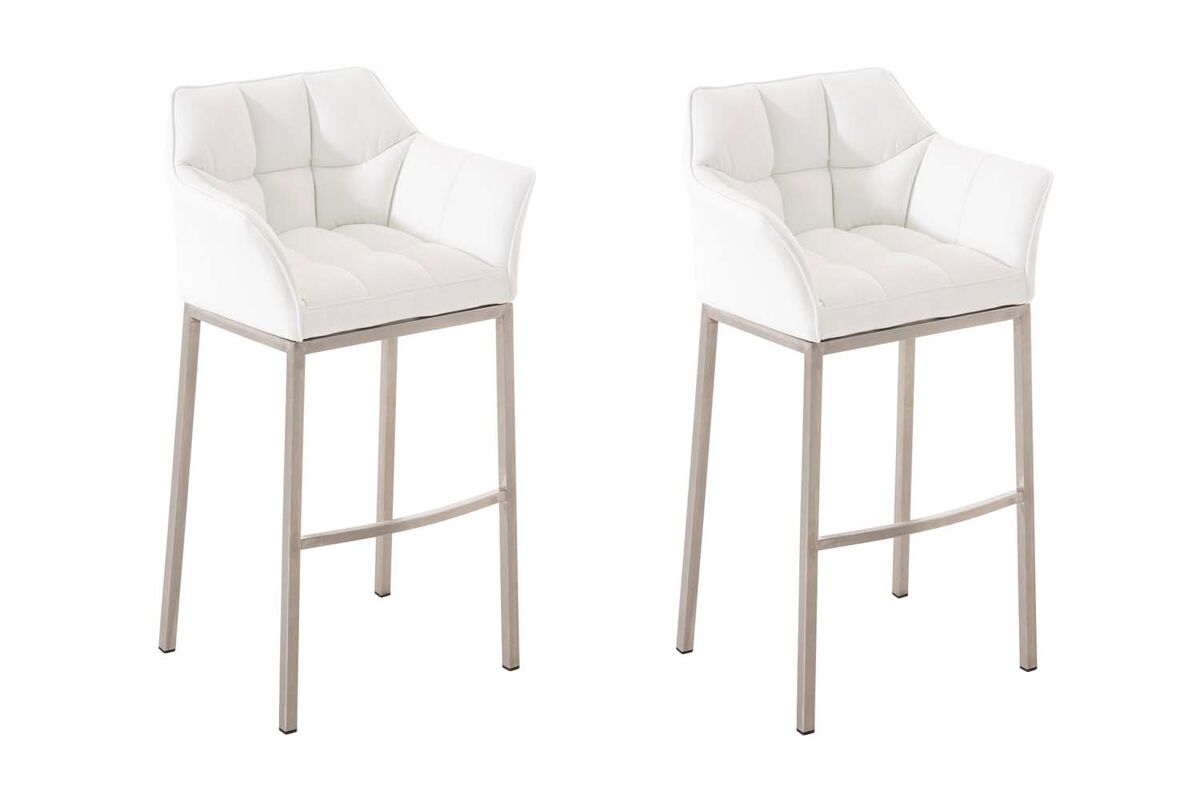 Juego de 2 taburetes de bar damaso con tapizado de cuero sintético y base de cuatro patas simil cuero blanco 48x64x110 cm
