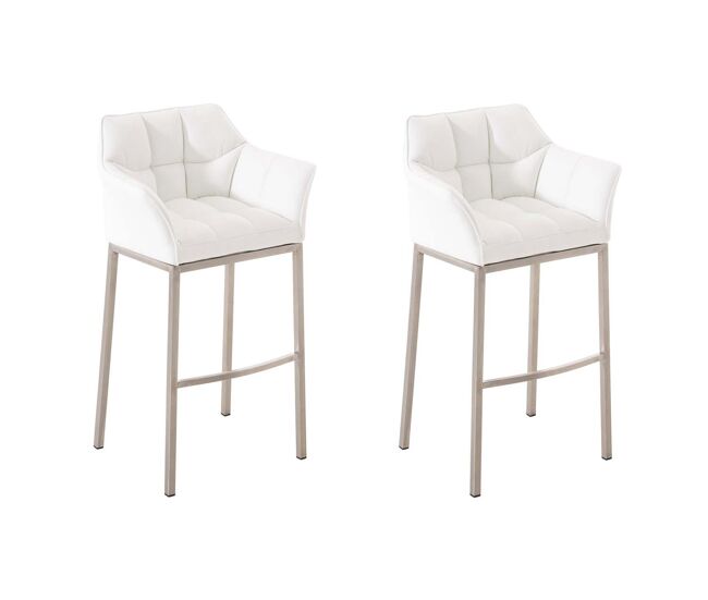 Juego de 2 taburetes de bar damaso con tapizado de cuero sintético y base de cuatro patas simil cuero blanco 48x64x110 cm