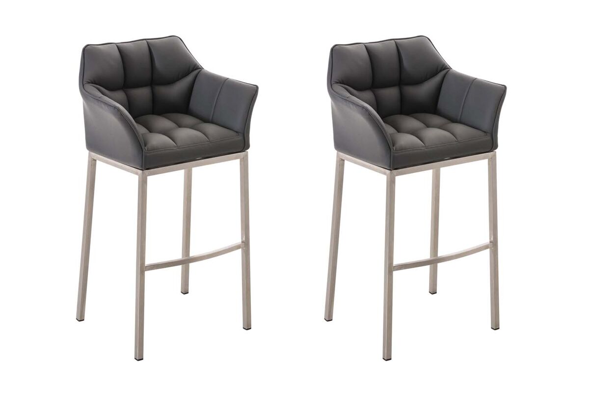 Juego de 2 taburetes de bar damaso con tapizado de cuero sintético y base de cuatro patas simil cuero gris 48x64x110 cm