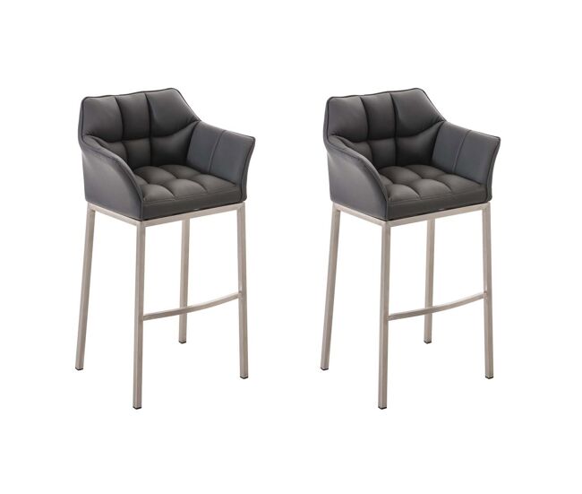 Juego de 2 taburetes de bar damaso con tapizado de cuero sintético y base de cuatro patas simil cuero gris 48x64x110 cm