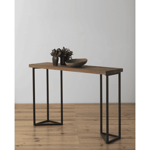 Mesa de console de madeira de olmo antigo com pernas de metal
