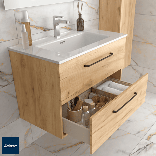 Móvel de banheiro Morai 60 cm Carvalho conpuxador Preto | Pia de porcelana | Salgar Móvel de banheiro Morai 60 cm Carvalho conpuxador Preto | Pia de porcelana | Salgar