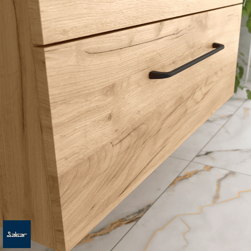 Móvel de banheiro Morai 60 cm Carvalho conpuxador Preto | Pia de porcelana | Salgar Móvel de banheiro Morai 60 cm Carvalho conpuxador Preto | Pia de porcelana | Salgar
