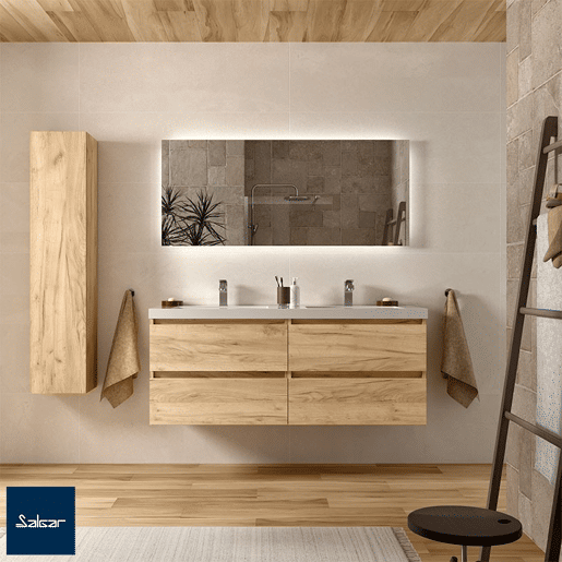 Móvel de banheiro Bequia 140 cm Carvalho | Lavatório em porcelana | Salgar Móvel de banheiro Bequia 140 cm Carvalho | Lavatório em porcelana | Salgar