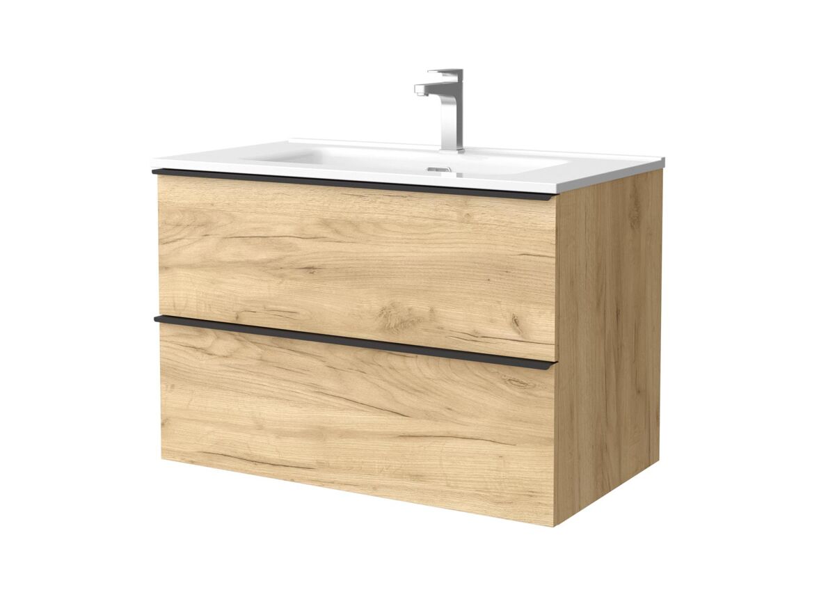Mueble de baño nabua 80 cm roble con tirador de pestaña | lavabo de porcelana