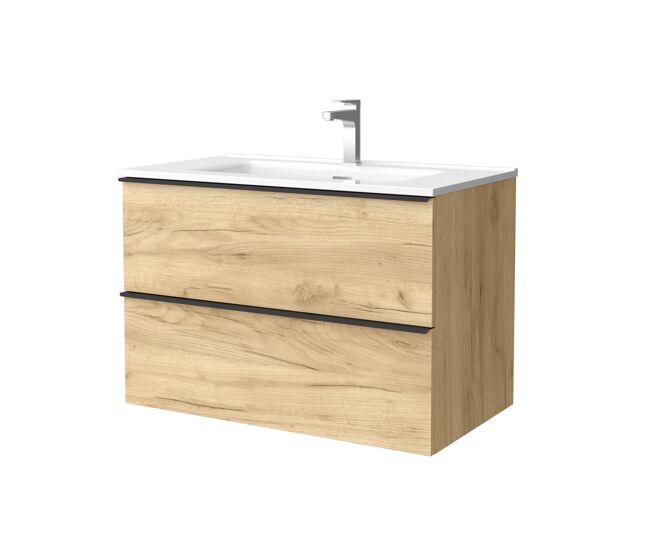 Mueble de baño nabua 80 cm roble con tirador de pestaña | lavabo de porcelana