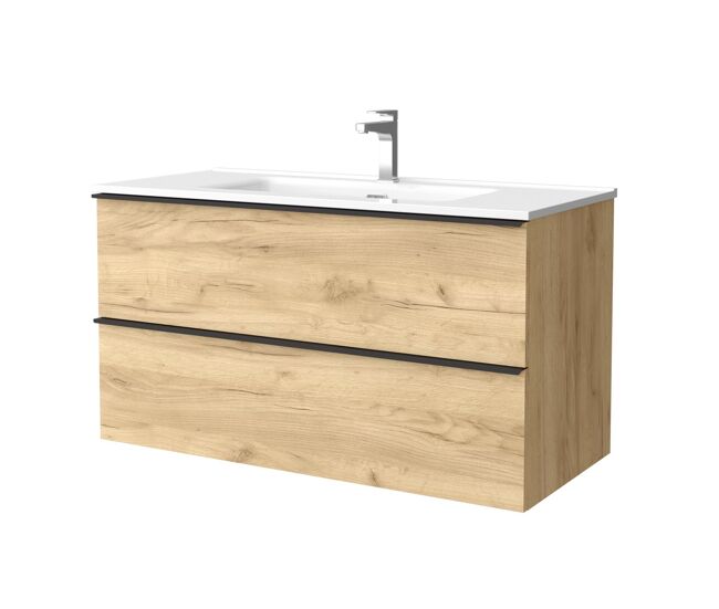 Mueble de baño nabua 100 cm roble con tirador de pestaña | lavabo de porcelana