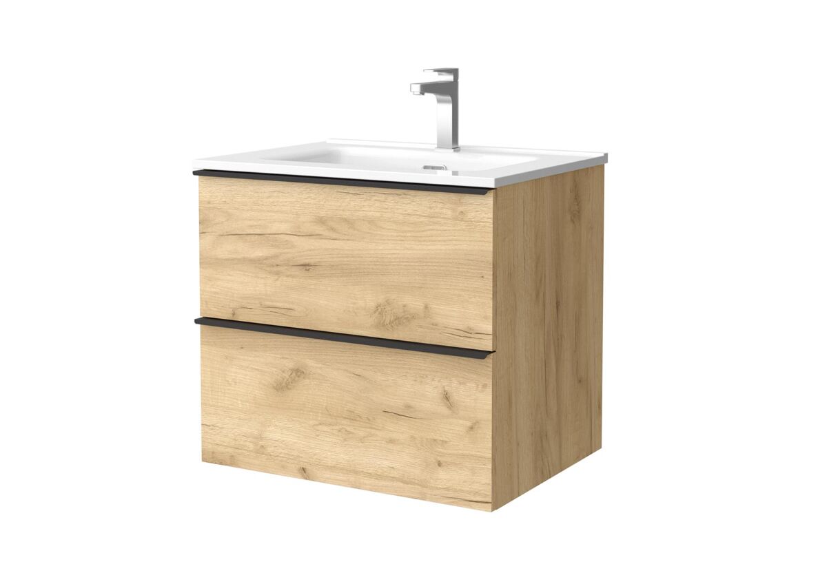 Mueble de baño nabua 60 cm roble con tirador de pestaña | lavabo de porcelana