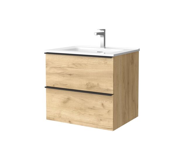 Mueble de baño nabua 60 cm roble con tirador de pestaña | lavabo de porcelana