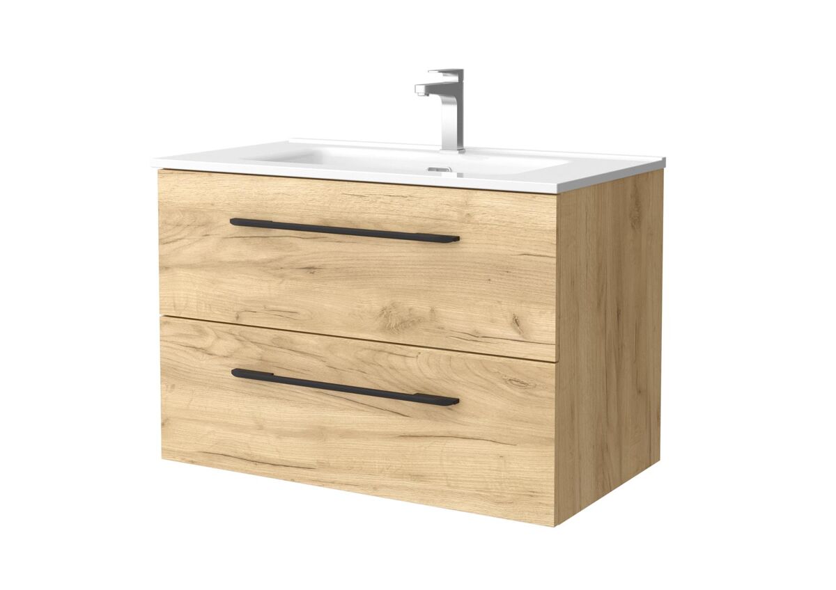 Mueble de baño morai 80 cm roble con tirador negro | lavabo de porcelana | salgar