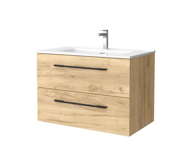Mueble de baño morai 80 cm roble con tirador negro | lavabo de porcelana | salgar