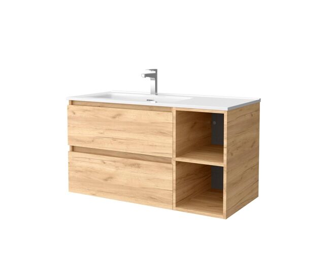 Mueble de baño 100 cm 2 cajones y coqueta derecha 2 huecos roble con lavabo integrado