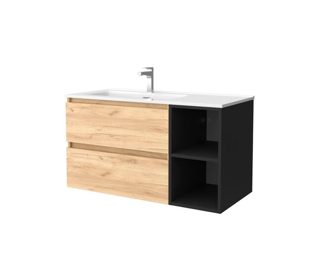 Mueble de baño 90 cm 2 cajones roble y coqueta derecha 2 huecos negro mate con lavabo integrado