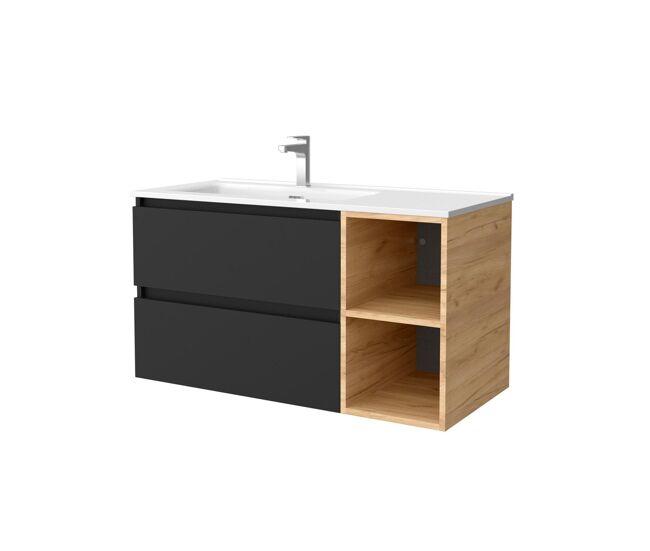 Mueble de baño 100 cm 2 cajones negro mate y coqueta derecha 2 huecos roble con lavabo integrado