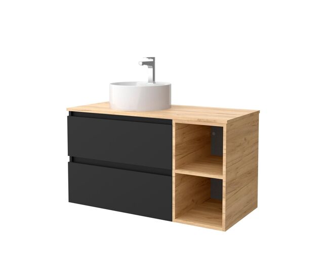 Mueble de baño 100 cm 2 cajones negro mate y coqueta 2 huecos roble con lavabo sobre encimera
