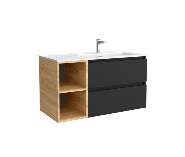 Mueble de baño 100 cm 2 cajones negro mate y coqueta izquierda 2 huecos roble con lavabo integrado
