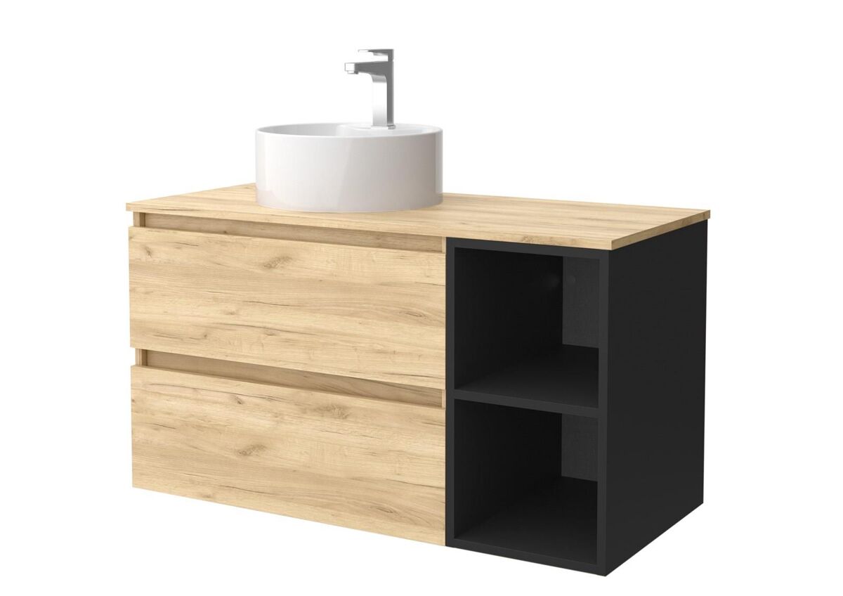 Mueble de baño 100 cm 2 cajones roble y coqueta 2 huecos negro mate con lavabo sobre encimera