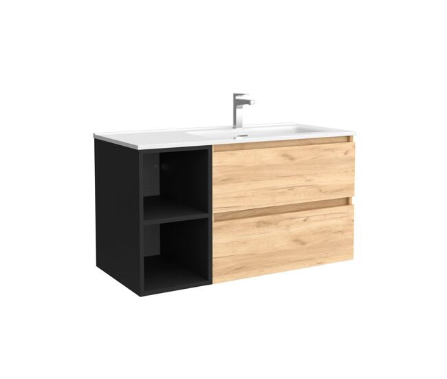 Mueble de baño 90 cm 2 cajones roble y coqueta izquierda 2 huecos negro mate con lavabo integrado