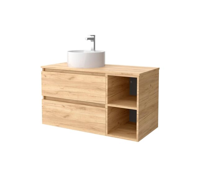 Mueble de baño 90 cm 2 cajones y coqueta 2 huecos roble con lavabo sobre encimera