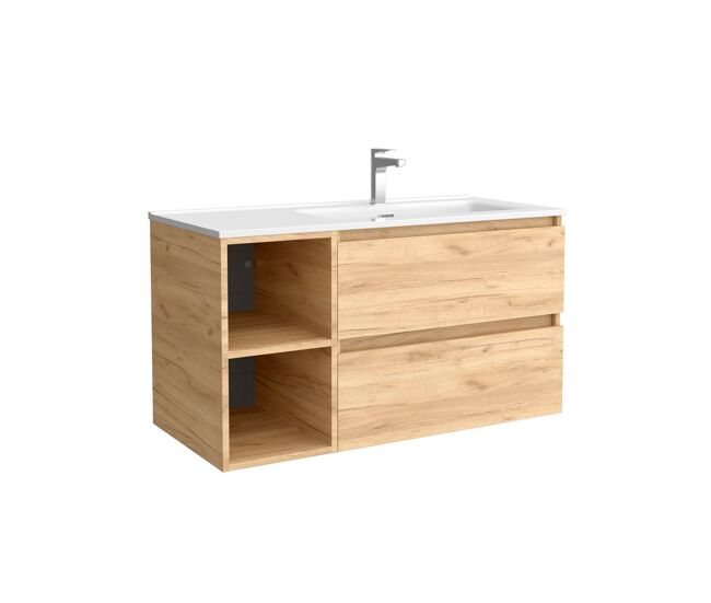 Mueble de baño 100 cm 2 cajones y coqueta izquierda 2 huecos roble con lavabo integrado