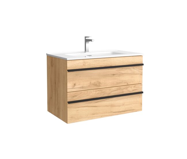Mueble de baño serie born 80 cm roble con perfil de tirador | lavabo de porcelana | salgar