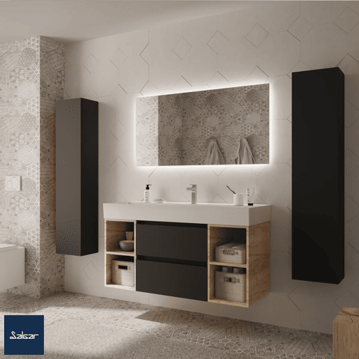 Móveis de casa de banho 120 cm 2 gavetas Preto Mate e 2 armários laterais 2 espaços Carvalho com Pia em Porcelana Móveis de casa de banho 120 cm 2 gavetas Preto Mate e 2 armários laterais 2 espaços Carvalho com Pia em Porcelana