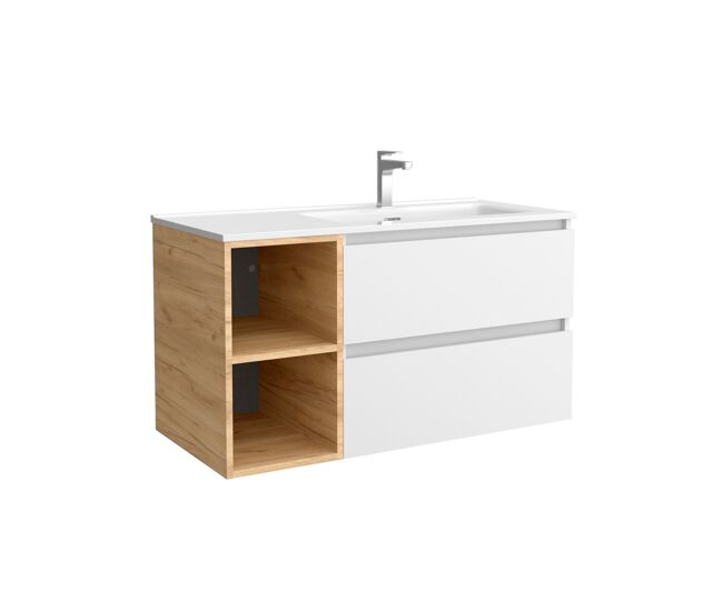 Mueble de baño 90 cm 2 cajones blanco mate y coqueta izquierda 2 huecos roble con lavabo integrado