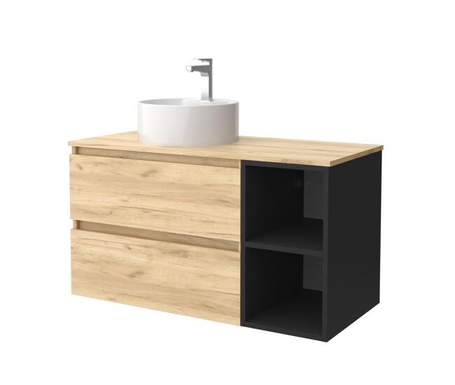 Mueble de baño 90 cm 2 cajones roble y coqueta 2 huecos negro mate con lavabo sobre encimera