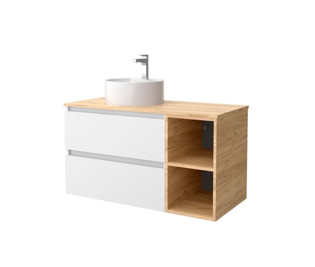 Mueble de baño 100 cm 2 cajones blanco mate y coqueta 2 huecos roble con lavabo sobre encimera
