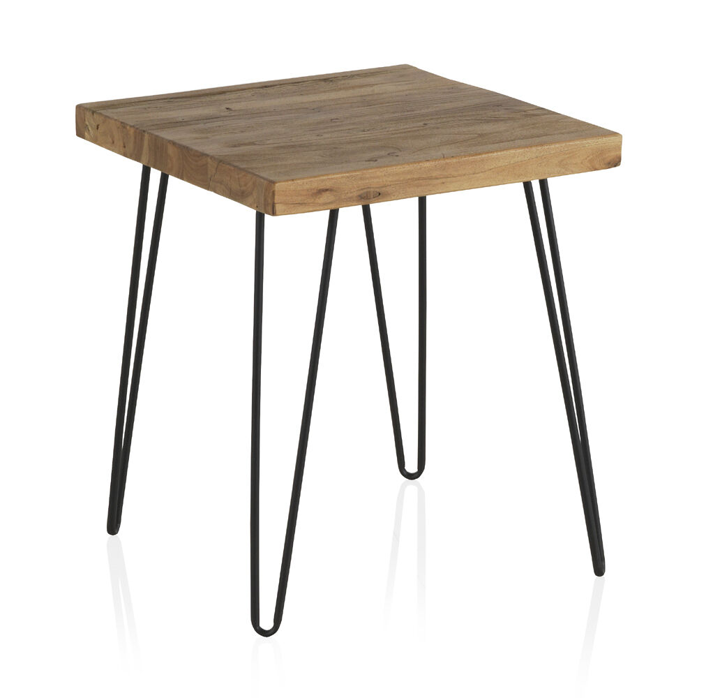 Mesilla de madera de olmo antigua con patas de metal