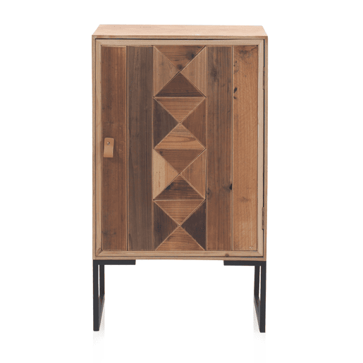 Mesa de cabeceira de madeira reciclada 1 porta e base metálica preto