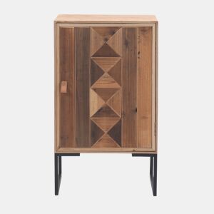 Mesa de cabeceira de madeira reciclada 1 porta e base metálica preto