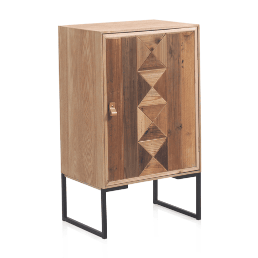 Mesa de cabeceira de madeira reciclada 1 porta e base metálica preto