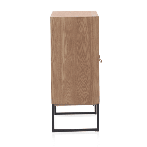 Mesa de cabeceira de madeira reciclada 1 porta e base metálica preto