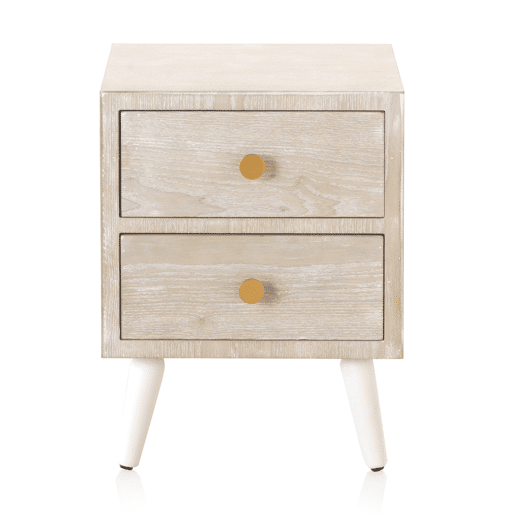 Mesa de Cabeceira com 2 Gavetas Branco Freixo Patinado, Puxador Dourado