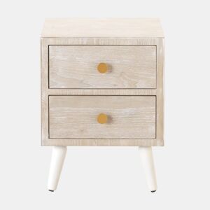 Mesa de Cabeceira com 2 Gavetas Branco Freixo Patinado, Puxador Dourado