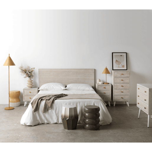 Mesa de Cabeceira com 2 Gavetas Branco Freixo Patinado, Puxador Dourado