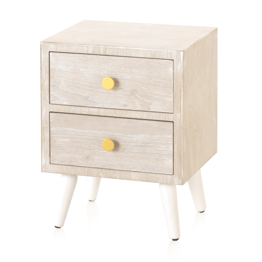 Mesa de Cabeceira com 2 Gavetas Branco Freixo Patinado, Puxador Dourado