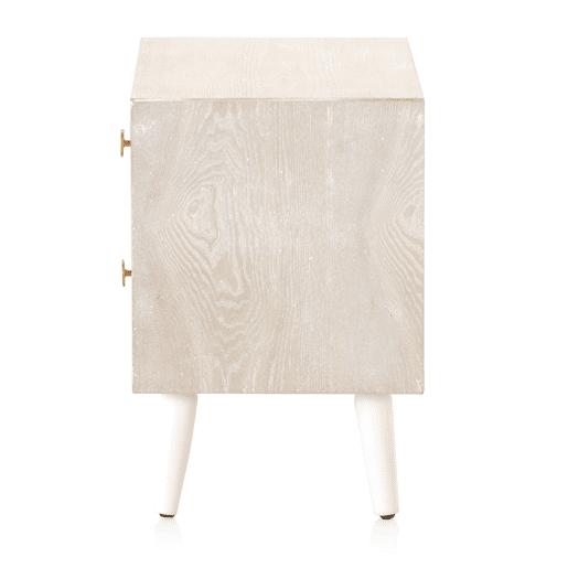Mesa de Cabeceira com 2 Gavetas Branco Freixo Patinado, Puxador Dourado