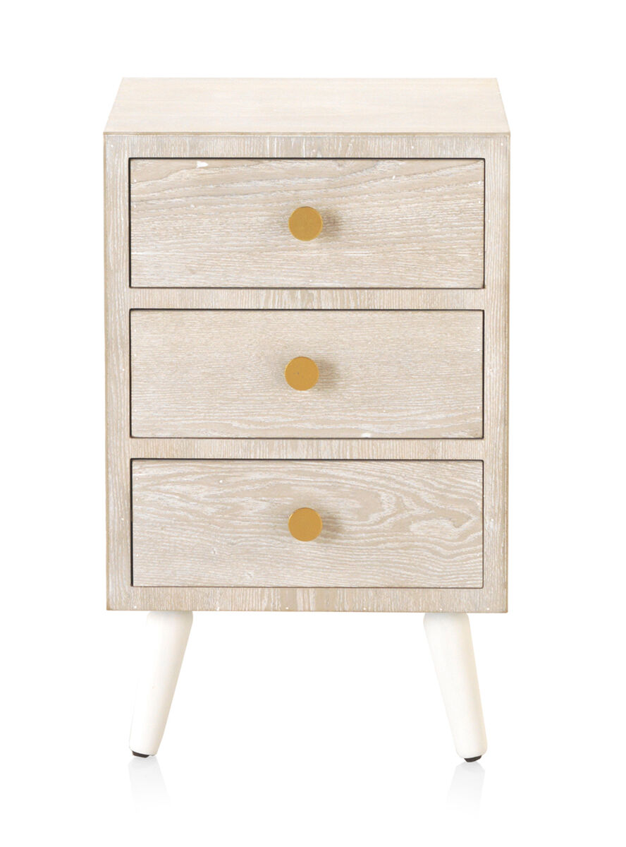 Mesilla de noche de fresno patinado de 3 cajones con tirador dorado