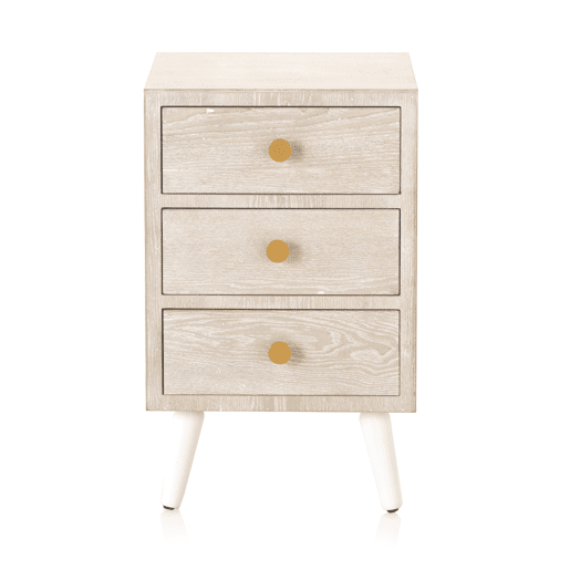 Mesa de cabeceira 3 gavetas branco patinado freixo puxador dourado