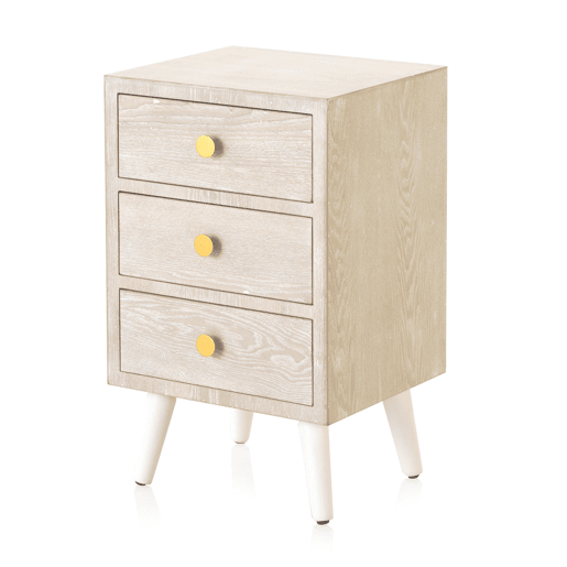 Mesa de cabeceira 3 gavetas branco patinado freixo puxador dourado
