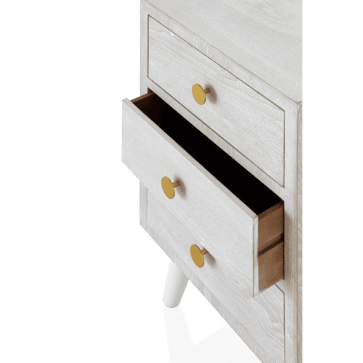 Mesa de cabeceira 3 gavetas branco patinado freixo puxador dourado