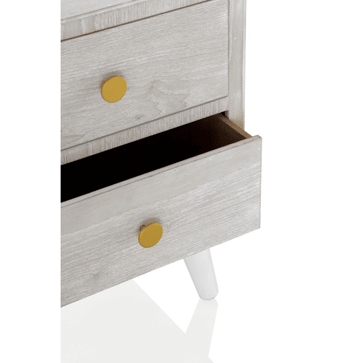 Mesa de cabeceira 3 gavetas branco patinado freixo puxador dourado